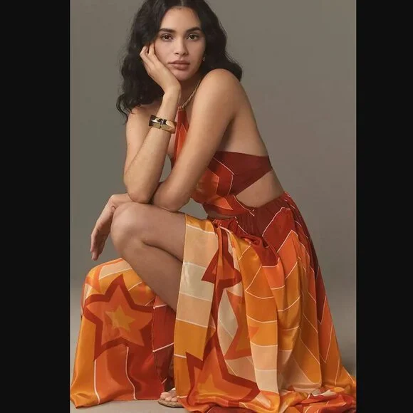 New M Farm Rio x Anthropologie Gradient stripes star halter maxi dress in orange